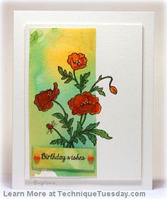 a birthday card with red flowers on green and yellow cardstocked for someone's special day