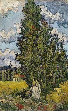 a painting of a woman standing in front of a large tree with clouds above it