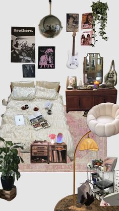 a bed room with a neatly made bed and lots of pictures on the wall