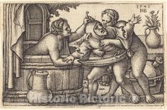 an old drawing of three people in front of a barrel