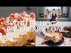 white choc and raspberry loaf cake with lady in the kitchen behind it