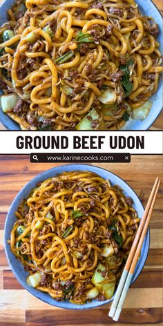 two pictures of ground beef udon with chopsticks