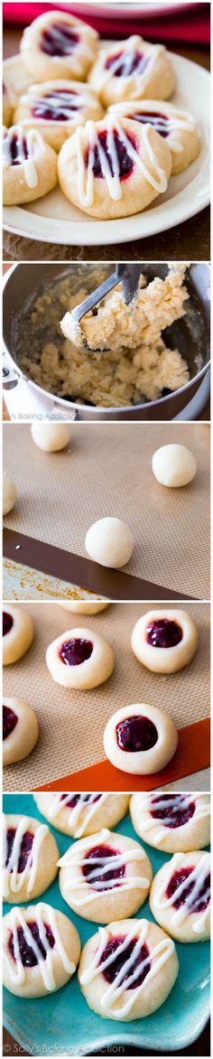 the process of making jelly cookies is shown in three different pictures, including one being frosted with icing