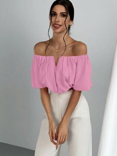 Summer Solid Color Off-Shoulder Cropped Shirt With Ruched Detail And Drawstring Waist Pink Casual  Short Sleeve Polyester Plain Top Non-Stretch  Women Clothing, size features are:Bust: ,Length: ,Sleeve Length: Trendy Ruched Off-shoulder Tops, Trendy Ruched Off-shoulder Top For Spring, Trendy Ruched Solid Color Blouse, Trendy Solid Ruched Blouse, Solid Off-shoulder Tops For Spring, Solid Ruched Off-shoulder Top, Casual Ruched Off-shoulder Top For Summer, Pink Off-shoulder Top For Summer, Casual Solid Color Ruched Blouse