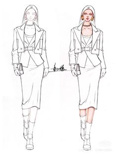 a drawing of a woman in a skirt and jacket