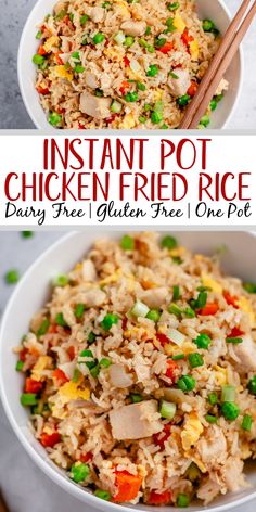 instant pot chicken fried rice in a white bowl with chopsticks on the side