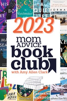 the book club logo is surrounded by many different books and covers, including one for mom advice