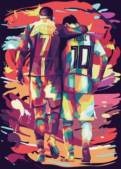 two soccer players standing next to each other in front of a colorful background with the words ronald