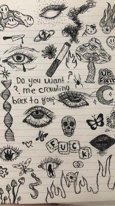 a notebook with lots of doodles on it and some words written in the middle