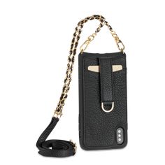 a black cell phone with a chain attached to it's back and shoulder strap