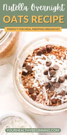 a glass bowl filled with oatmeal topped with chocolate chips and coconut flakes