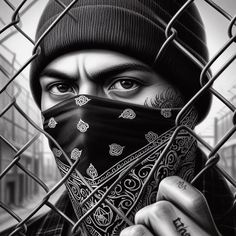 a man wearing a bandana and covering his face behind a chain link wire fence