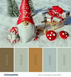 a gnome sitting in the snow next to some christmas decorations and presents with color palettes