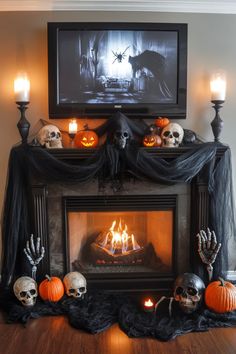 halloween tv decor Fireplace Halloween Decor Mantel Ideas, Halloween Decor Tv Stand, Tv Stand Halloween Decor, Mantle Halloween Decor, Halloween Tv Decor, Fireplace Under Tv, Moody Halloween Decor, Spooky Fireplace, Tv Decor Ideas