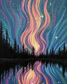 an acrylic painting of the night sky with stars and trees reflected in water