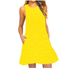 Bright Yellow, Sleeveless, Short Dress With Pockets Black And Blue Dress, Marine Uniform, Blue Summer Dresses, Casual Tanks, Solid Color Dress, Crewneck Dress, Loose Dress, Komplette Outfits, Sleeveless Maxi Dress