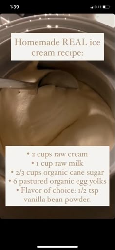 the recipe for homemade real ice cream is shown in an appliance with information about how to make it