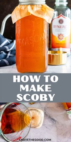 a mason jar filled with honey sitting on top of a counter