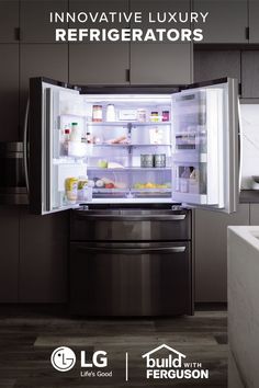 an open refrigerator with its door wide open and the words, innovative luxury refrigerators