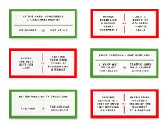 four christmas movie tickets with red and green stripes on the front, one for each