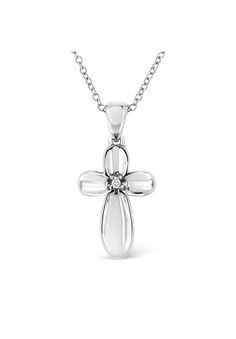 This classic diamond cross pendant is a beautiful symbol of divine faith. Fashioned in sterling silver, this ravishing pendant is embellished with a radiant prong set single cut diamond and hangs up from a beautiful cable chain. Total diamond weight is 1/100 ctw.A BRILLIANT CHOICE - Why choose imitation diamonds when you can have the real thing? This elegant diamond accent cross is created in a slightly floral design and is embellished with beautiful, natural prong-set diamonds. Crafted in the f White Gold Cross Charms For Anniversary, Sterling Silver Cross Jewelry For Anniversary, Sterling Silver Cross Pendant Necklace For Anniversary, Sterling Silver Cross For Anniversary, Sterling Silver Cross Charms For Anniversary, Elegant Sterling Silver Cross Pendant, Elegant Sterling Silver Cross Jewelry And Charms, White Gold Polished Cross Necklace, Elegant Sterling Silver Cross Charms And Jewelry