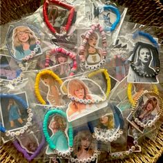 a basket filled with lots of different colored bracelets