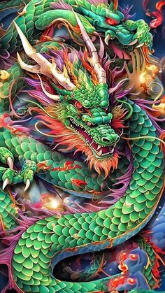 a painting of a green dragon with red eyes