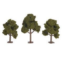 three small trees are shown in the shape of four different shapes and sizes, one is green