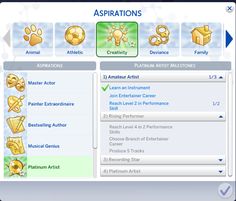 screenshot of the aspirations screen