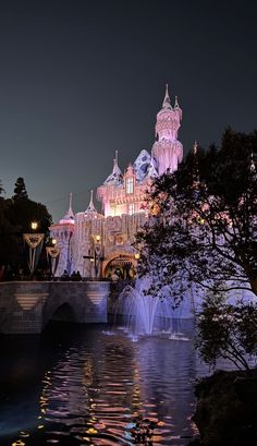 a castle lit up at night next to a body of water with lights on it