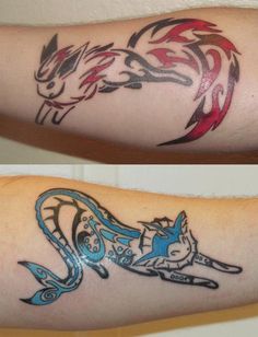 two different tattoos on the arms of men and women, one with an image of a cat