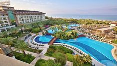 an aerial view of the resort and pool area