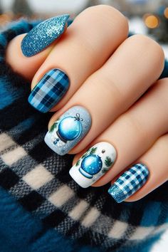 61 Stunning Blue Christmas Nail Ideas for 2024 Blue And Silver Christmas Nails, Silver Christmas Nails, Blue And Silver Christmas, Western Nails