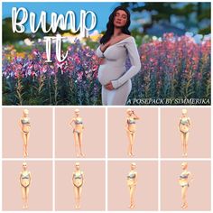 a pregnant woman poses in front of flowers with the words bump it above her belly