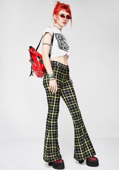 "These super retro Yellow Plaid Highwaist Flare Pants have that vintage retro look of the 70s. Just enough of a Bell Bottom to have the retro look, but still able to move around easily. Perfect for the Fall and Holiday Season! Pair it with our Black Crushed Velvet Cropped Mock Turtleneck and go to a Holiday party... Made from 4-way stretch printed lycra blend. The pants are HIGH-WAISTED. The rise is approx 12\". The inseam is 34.75\", they are cut a little longer to wear with heels. All tops sol Retro Stretch Pants For Streetwear, Retro High Waist Pants For Streetwear, Retro High Waist Yellow Bottoms, Retro High-waist Yellow Bottoms, Retro Print Wide Leg Bottoms, Retro Wide Leg Bottoms With Retro Print, Retro Wide Leg Bottoms, Plaid Flare Pants, Bell Bottoms Outfit