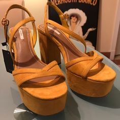 Zara, Comfortable And Chunky. Zara Yellow Round Toe Heels, Zara Yellow High Heels, Zara Yellow Heels For Spring, Zara Yellow Summer Heels, Chunky Platform, Zara Shoes, Zara, Women Shoes, Heels