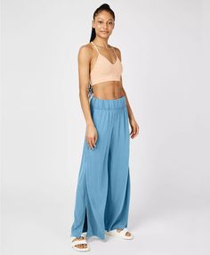 Peaceful Split Trousers - stellarblue | Women's Pants | www.sweatybetty.com Trousers Details, Activewear For Women, Vintage Fits, Sweaty Betty, Split Hem, Sleeve Detail, Sports Bras, Bottoms Pants, Matching Sets