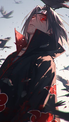 an anime character with black hair and red eyes standing in front of birds flying overhead