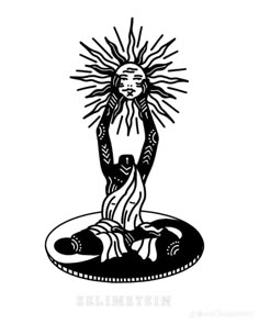 a black and white drawing of a person with the sun above their head on top of a