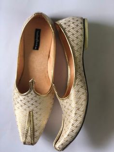 The white and gold Men's slip on Shoes, white Mens Flats,Mens Slippers,Flats,Handmade Slippers,Men's Shoes,Mens Casual Shoes, Indian shoes, Rajasthani shoes, wedding juttis, shoes for groom SIZING INSTRUCTIONS- Need assistance, please convo me 1. These shoes run true to the standard US size and are available in medium width only. 2. I suggest that you select the shoe size based on the length closest to your feet measurement. 3. The Length of Foot is not equivalent to the length of the shoes. Not Traditional Round Toe Slip-ons For Formal Occasions, Traditional Formal Slip-ons With Round Toe, Gold Slip-on Wedding Shoes, Gold Slip-on Shoes For Formal Wedding, Gold Slip-on Wedding Shoes For Formal Wear, Traditional Pointed Toe Wedding Shoes For Formal Occasions, Gold Closed Toe Wedding Shoes For Festive Season, Traditional Gold Slip-on Wedding Shoes, Traditional Formal Wedding Shoes With Pointed Toe