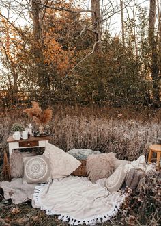 a blanket and pillows are on the ground in front of some trees with autumn foliage