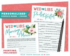 two wedding games with flowers on them and the words, personalized couples names & colors