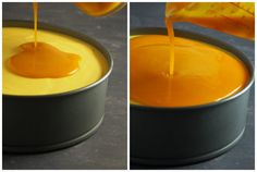 two pictures of orange sauce being poured into a bowl