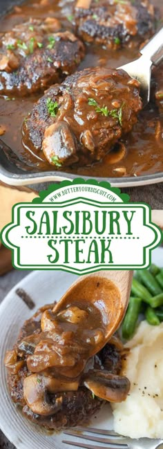 steak with gravy and mashed potatoes on a plate