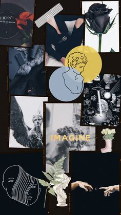 collage of images with the words imagine written on them in different colors and shapes