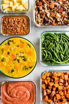 six containers filled with different types of food