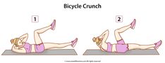 a woman doing an exercise with the words bicycle crunch on her chest and bottom half