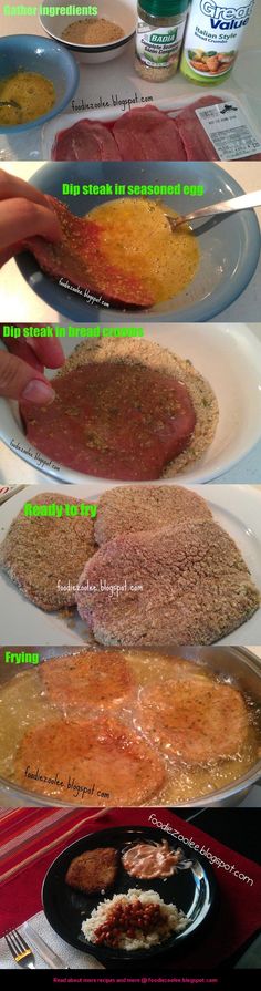 the steps to make an omelet with meat and seasoning on them are shown