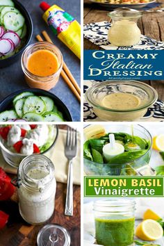 four different pictures with food in them including cucumbers, lemon basil vinaigrette and cream dressing