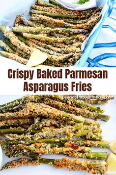 Two pictures of Crispy Baked Parmesan Asparagus Fries on parchment paper with two lemon wedges and the words Crispy Baked Parmesan Asparagus Fries. Crunchy Asparagus, Parmesan Asparagus Baked, Asparagus Recipes Baked, Cheap Family Meals, Parmesan Asparagus, Asparagus Fries, Panko Crumbs, Healthy Side Dish, Baked Asparagus